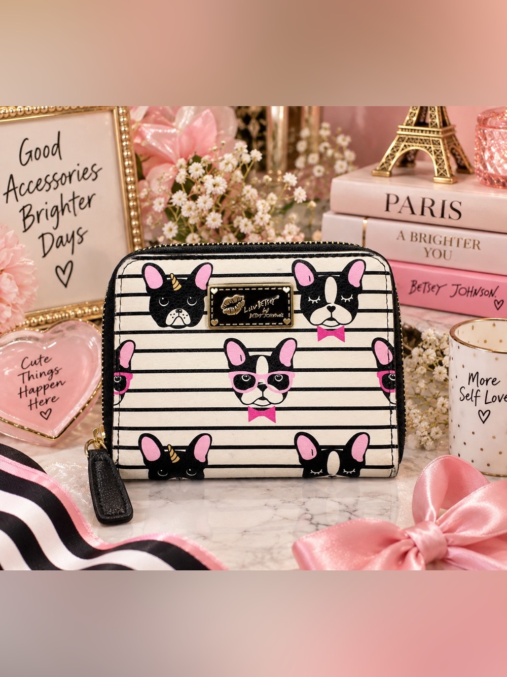 Betsey Johnson Pink, Black & Cream Striped French Bulldog Zip Wallet